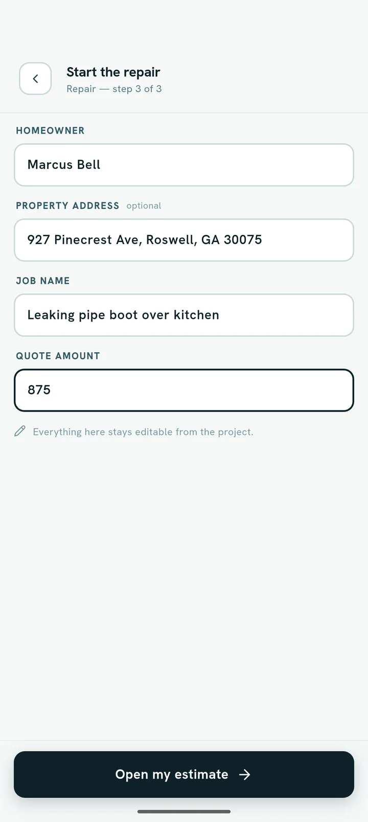 GapProofs repair quote: homeowner, address, the job and the price