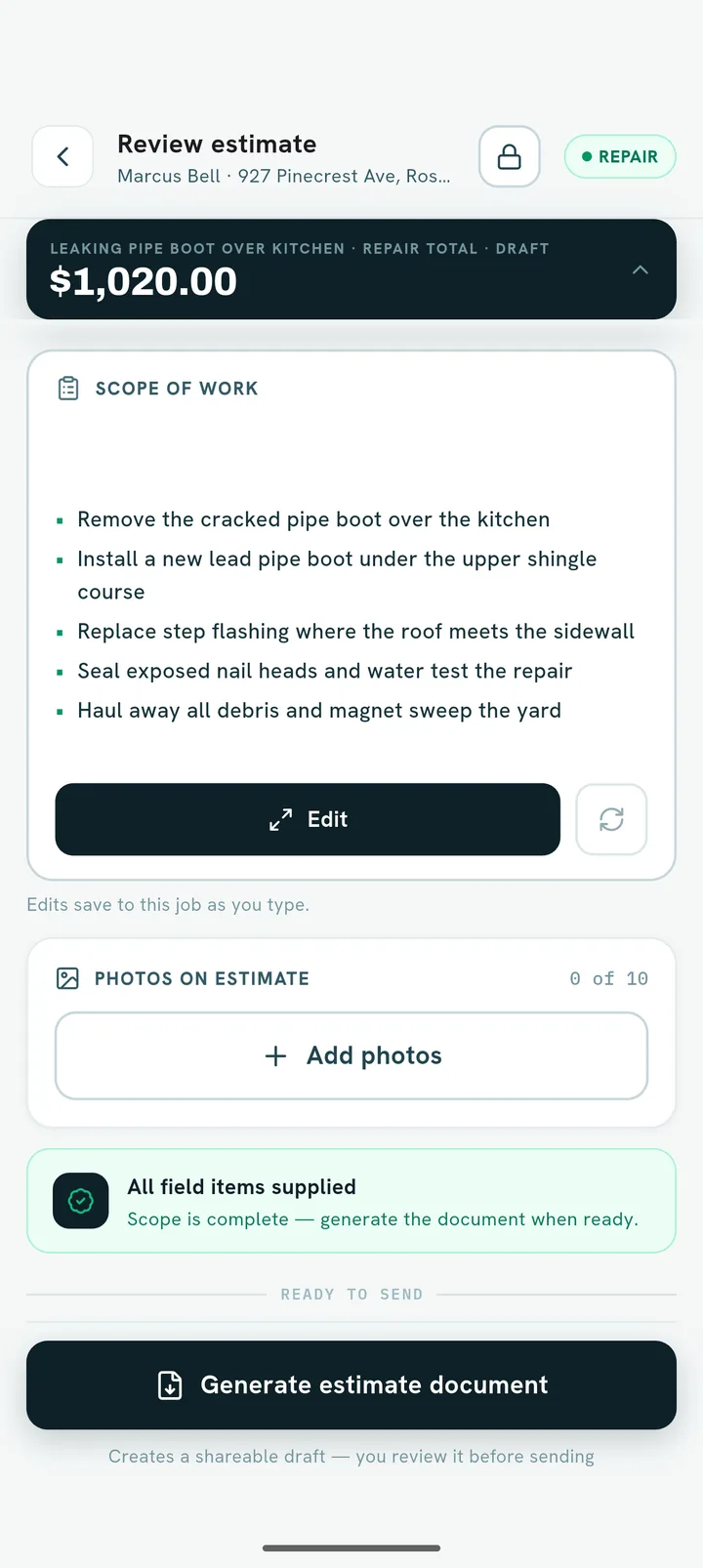GapProofs repair quote: $875 plus $145 of step flashing makes $1,020