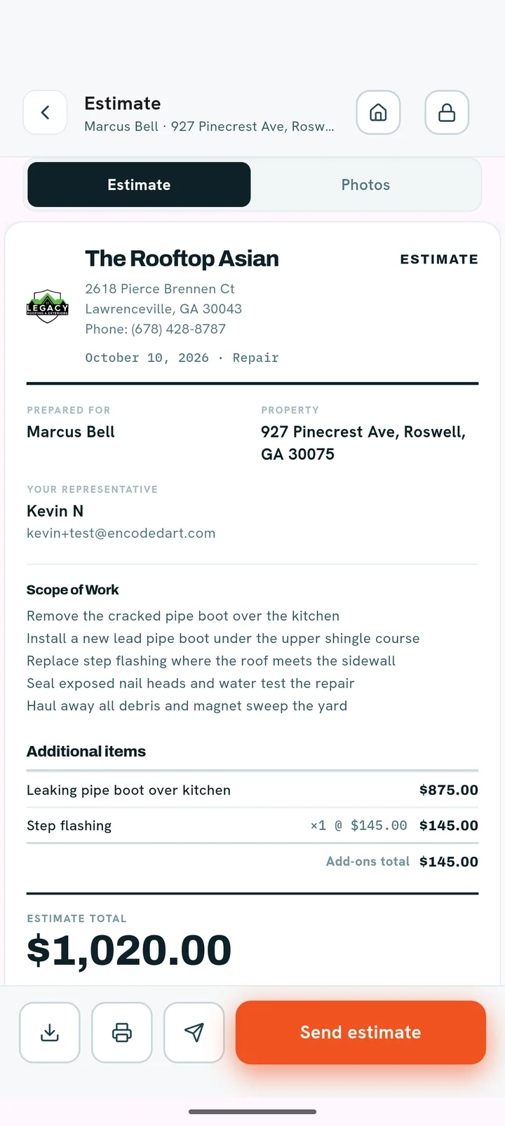 GapProofs repair quote: scope, items and total on the company letterhead