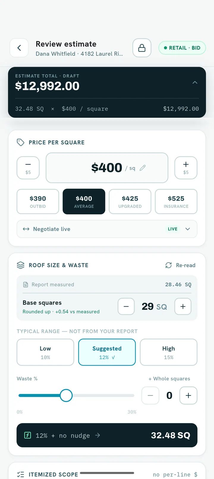 GapProofs retail bid: $400 a square and the suggested 12% waste make $12,992