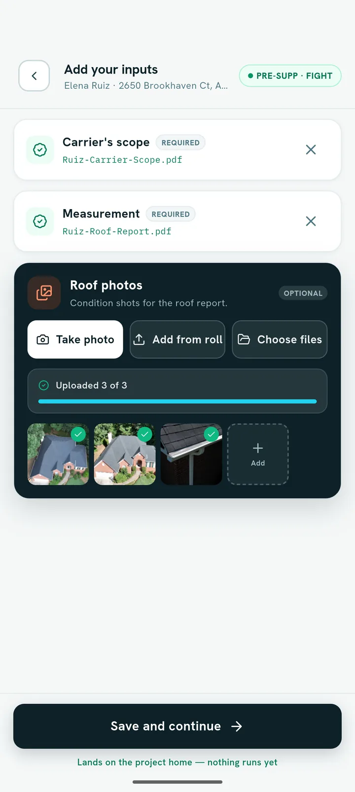 GapProofs on the phone: the carrier's scope, the measurement report and three roof photos added to the claim
