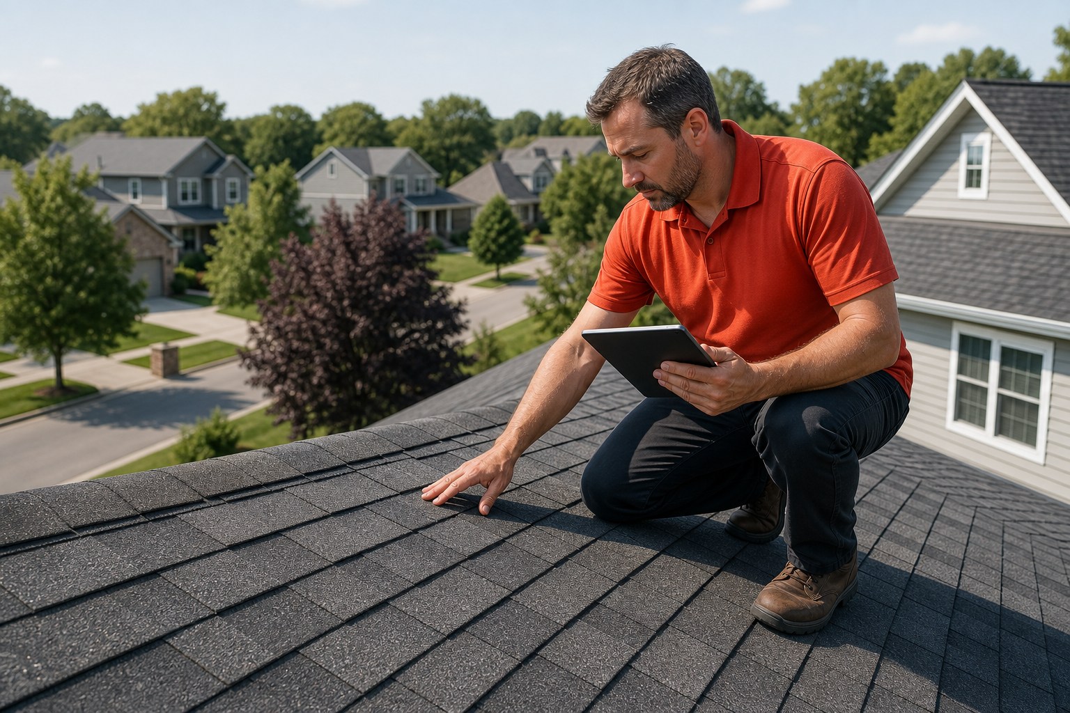 Roofing inspector reviewing shingles and job documentation on a tablet